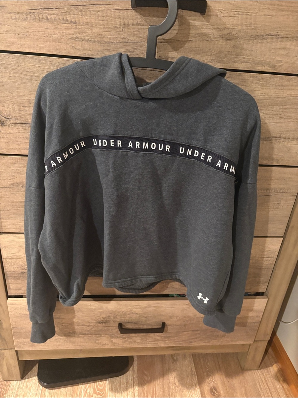 Under Armour cropped Charcoal Gray Hoodie with Logo Tape